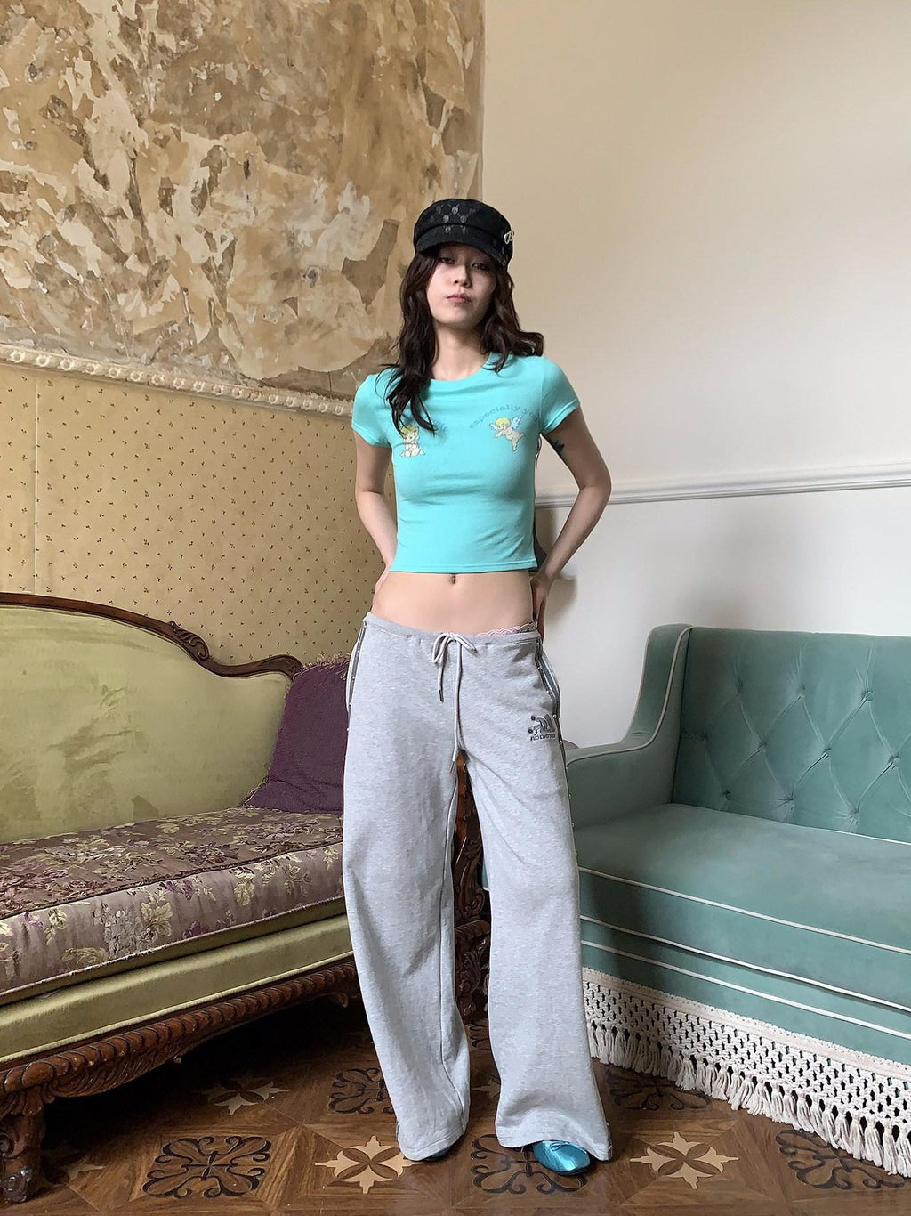 FOURFORTY Mint Green Baby Angel Hand Gesture Graphic Women's Crop Tops