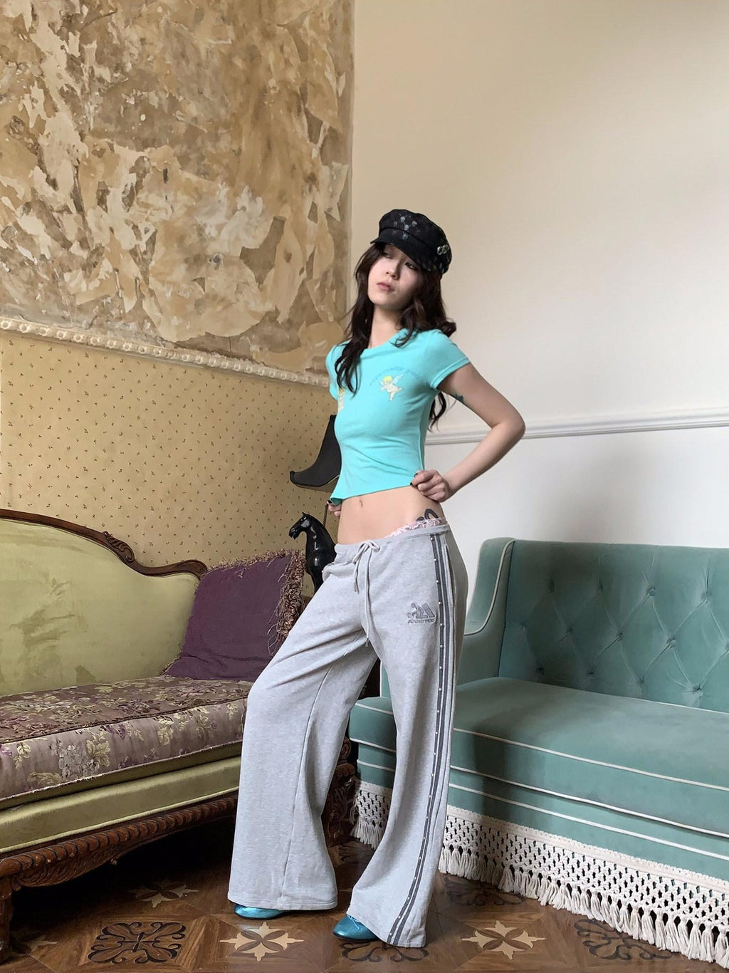 FOURFORTY Mint Green Baby Angel Hand Gesture Graphic Women's Crop Tops