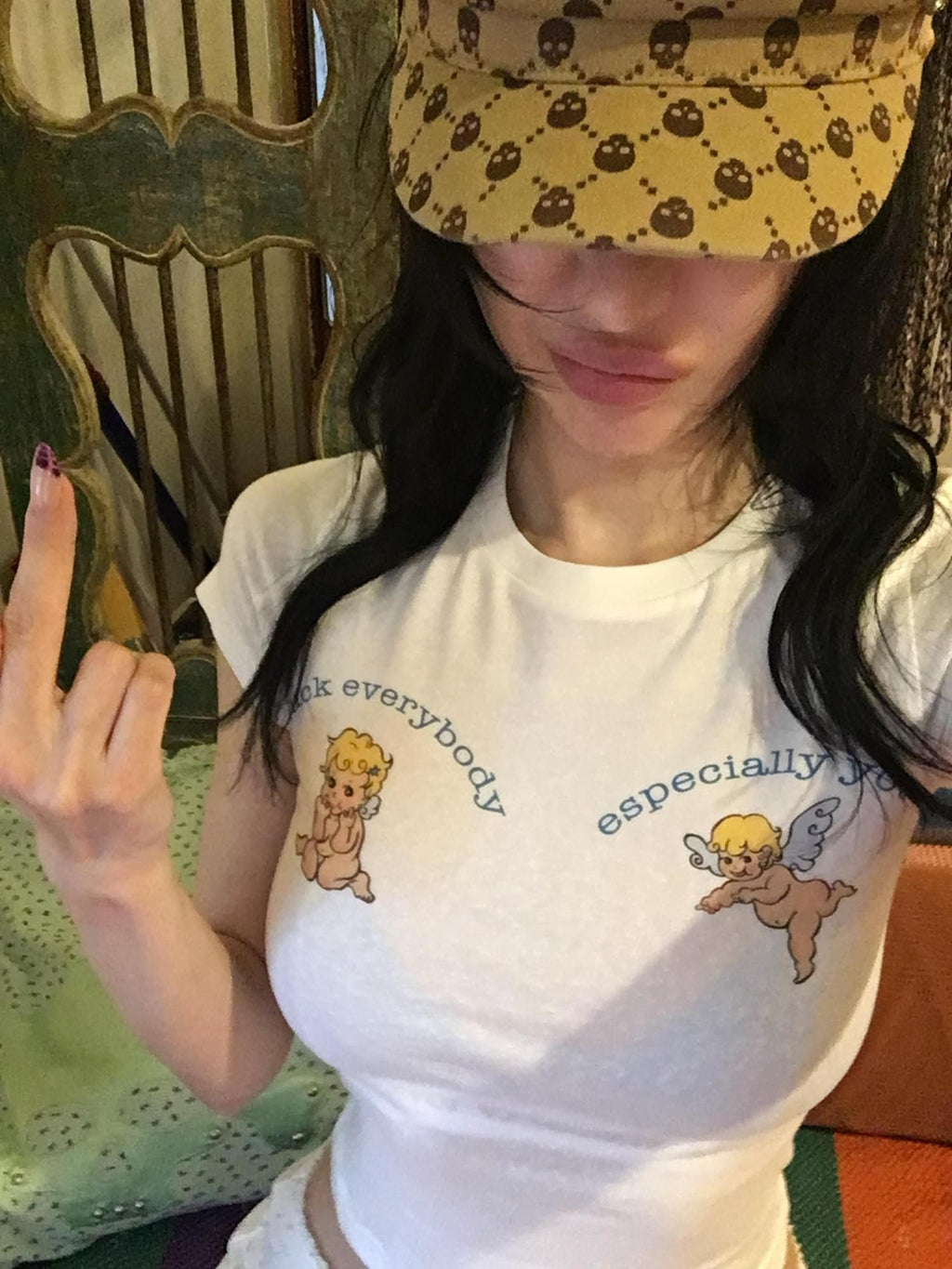 FOURFORTY Mint Green Baby Angel Hand Gesture Graphic Women's Crop Tops
