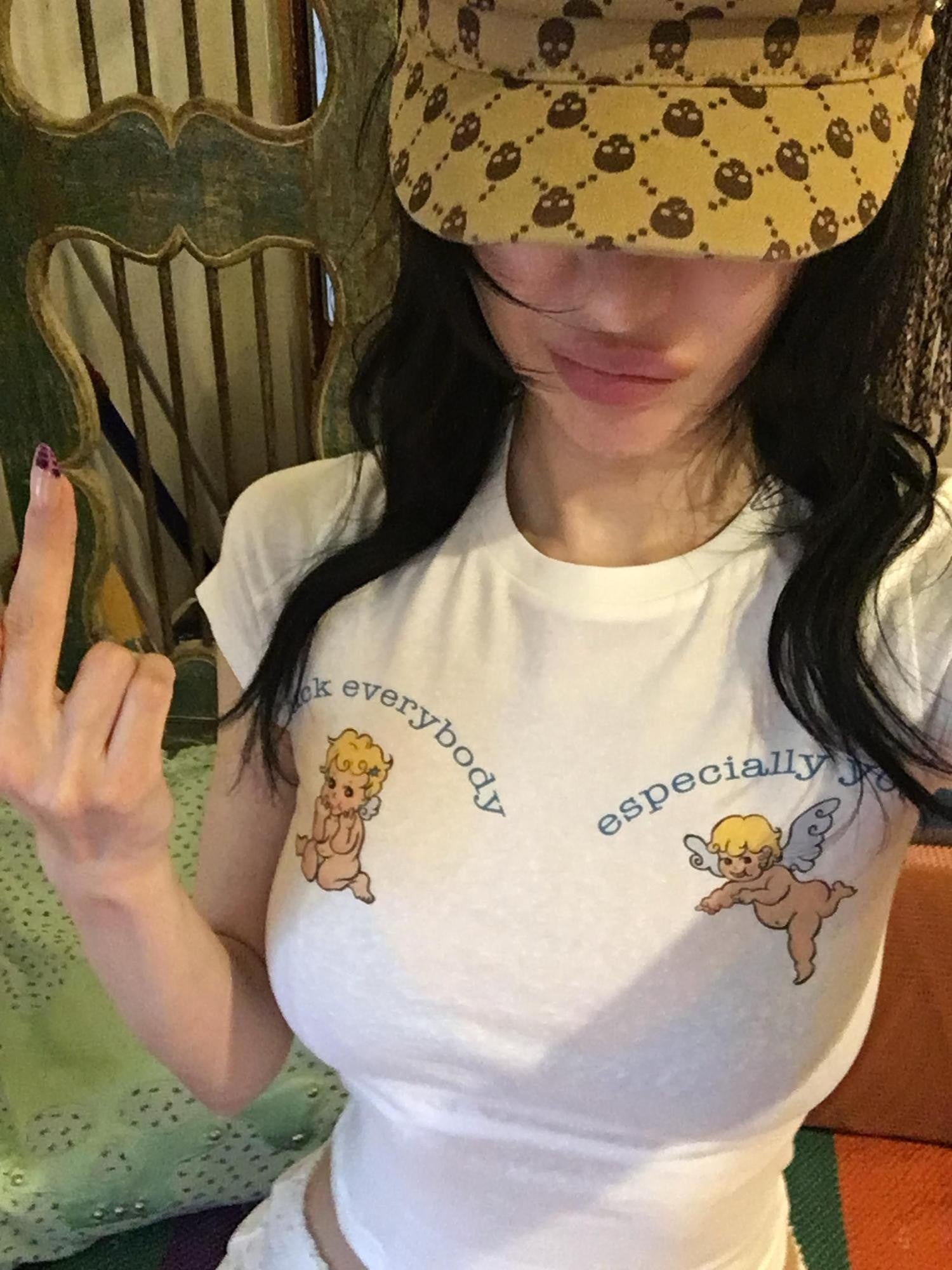 FOURFORTY Mint Green Baby Angel Hand Gesture Graphic Women's Crop Tops