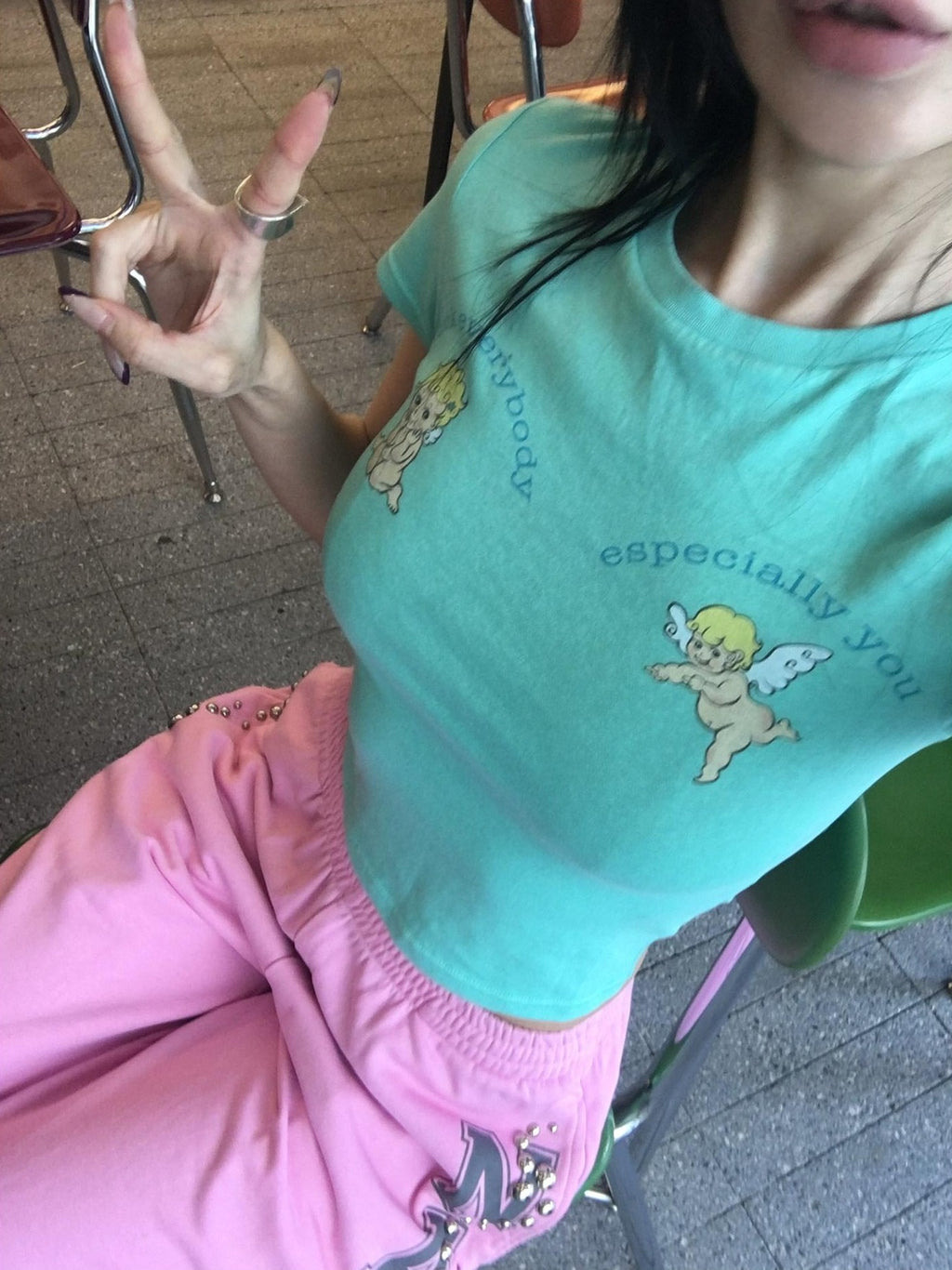 FOURFORTY Mint Green Baby Angel Hand Gesture Graphic Women's Crop Tops