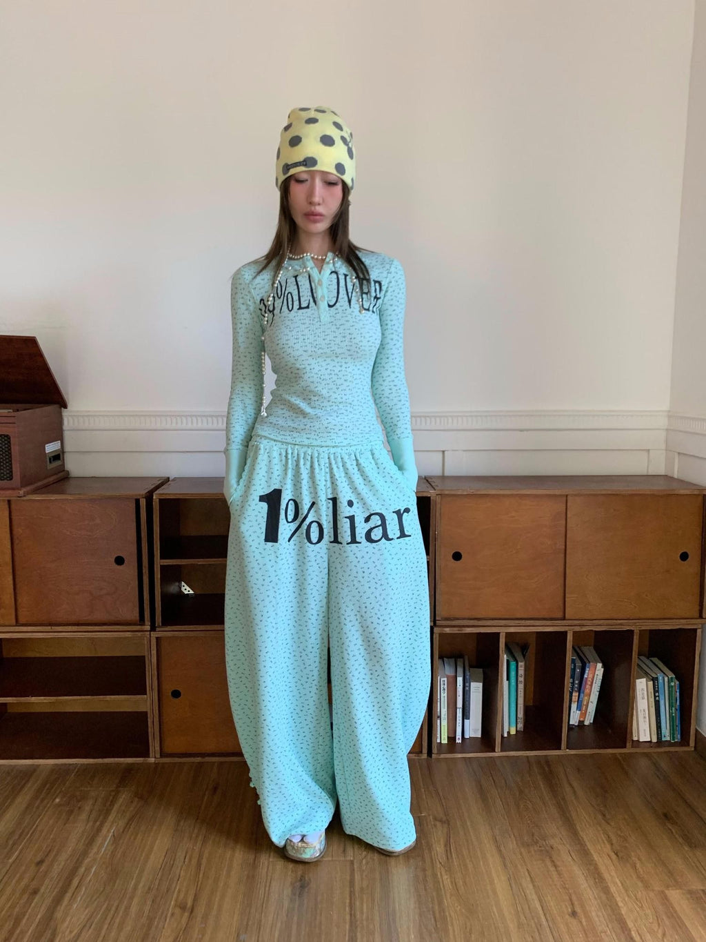 FOURFORTY Mint Green Floral Chinese Frog Button Waffle High Waist Women's Lounge Pants