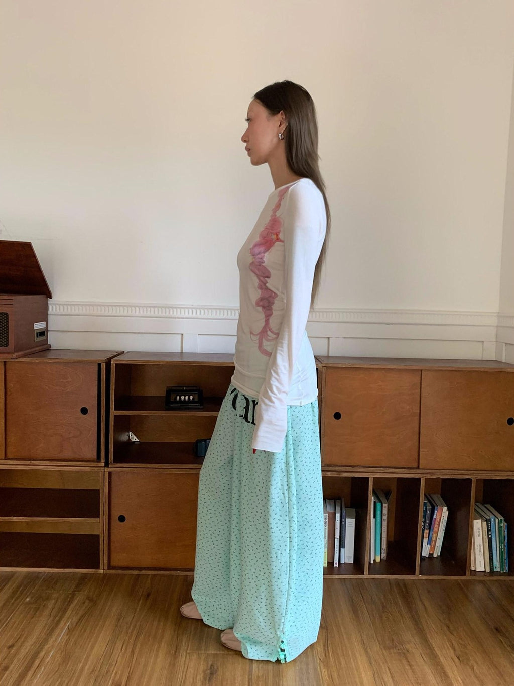 FOURFORTY Mint Green Floral Chinese Frog Button Waffle High Waist Women's Lounge Pants