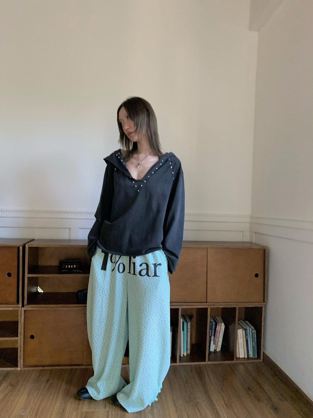 FOURFORTY Mint Green Floral Chinese Frog Button Waffle High Waist Women's Lounge Pants
