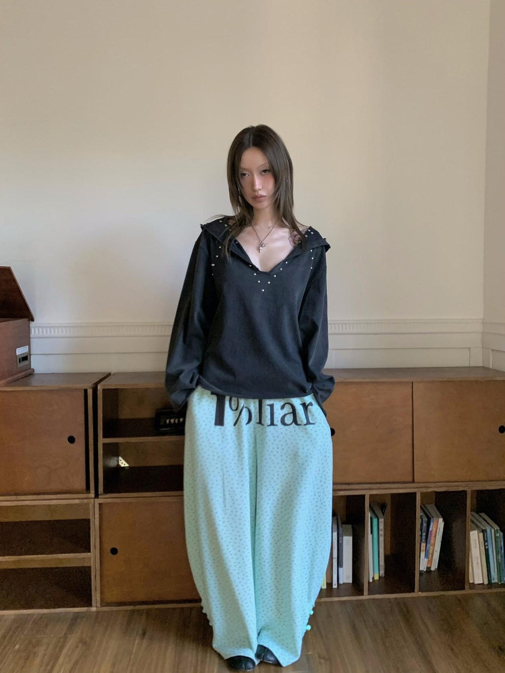 FOURFORTY Mint Green Floral Chinese Frog Button Waffle High Waist Women's Lounge Pants