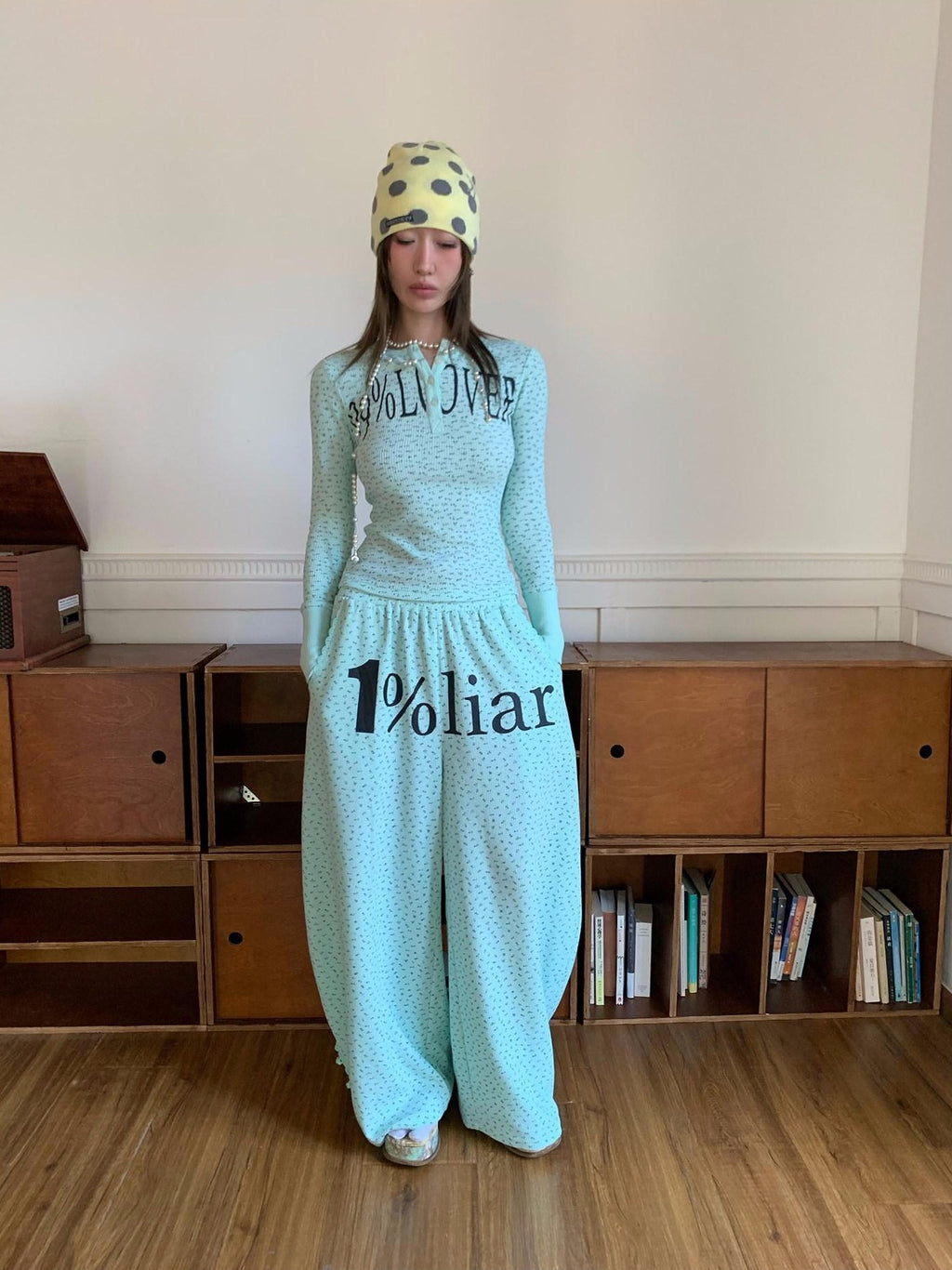 FOURFORTY Mint Green Floral Chinese Frog Button Waffle High Waist Women's Lounge Pants