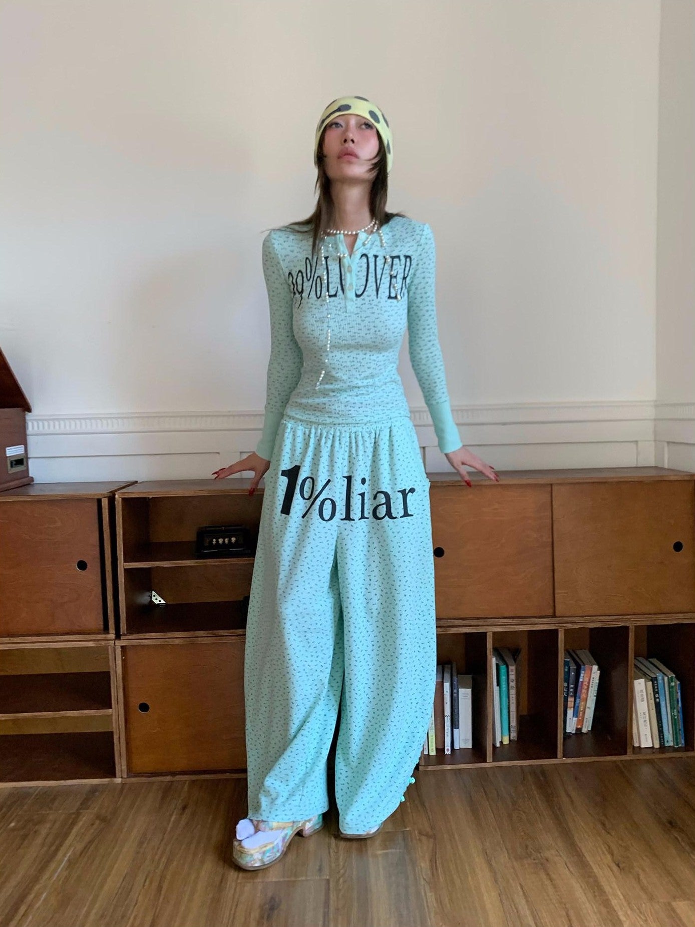 FOURFORTY Mint Green Floral Chinese Frog Button Waffle High Waist Women's Lounge Pants