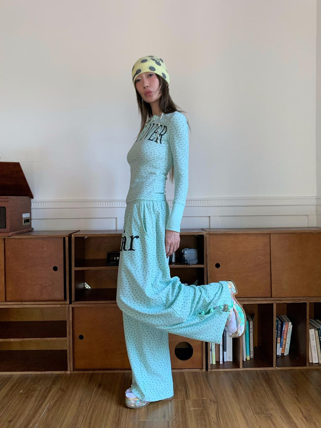FOURFORTY Mint Green Floral Chinese Frog Button Waffle High Waist Women's Lounge Pants