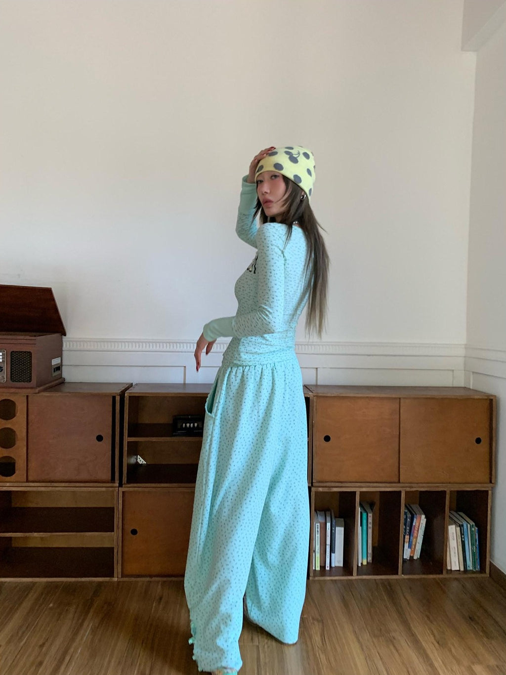 FOURFORTY Mint Green Floral Chinese Frog Button Waffle High Waist Women's Lounge Pants