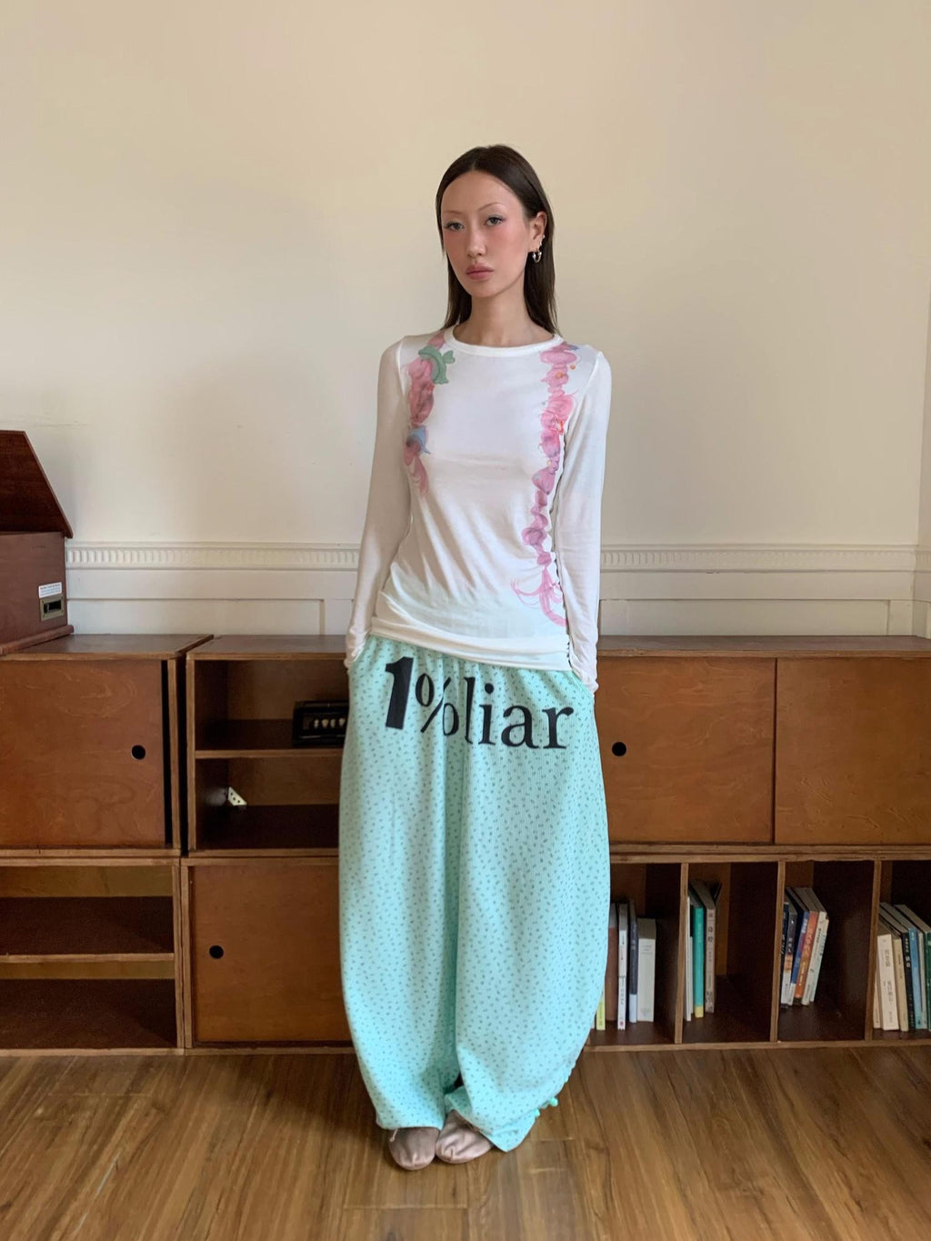 FOURFORTY Mint Green Floral Chinese Frog Button Waffle High Waist Women's Lounge Pants