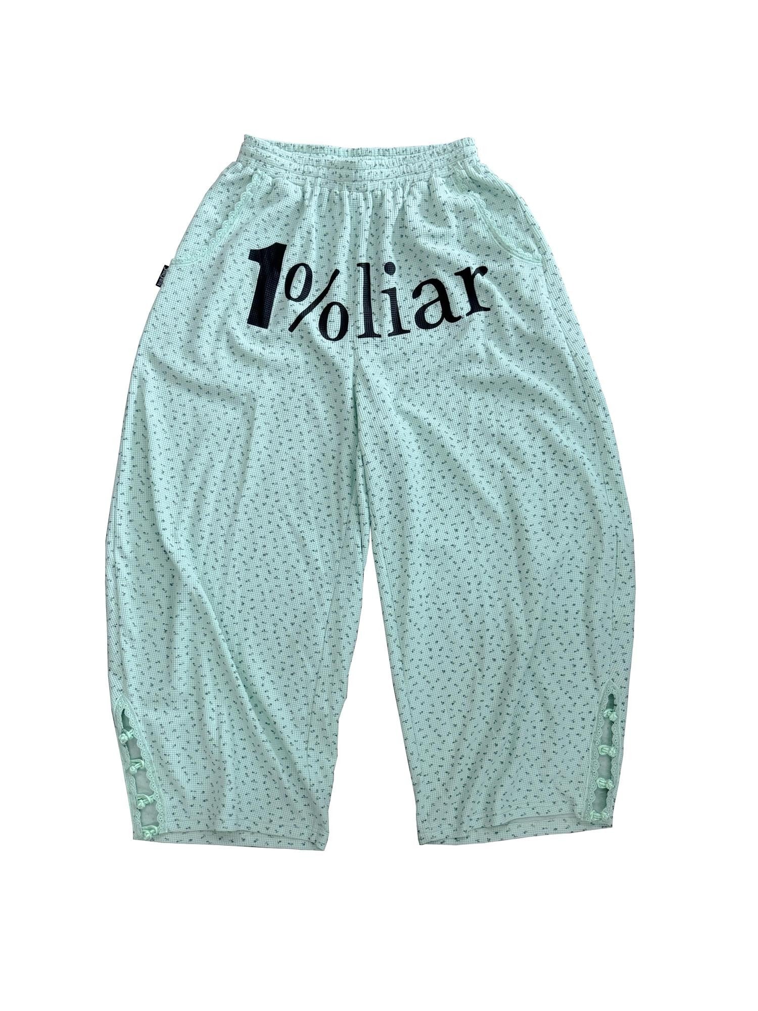 FOURFORTY Mint Green Floral Chinese Frog Button Waffle High Waist Women's Lounge Pants