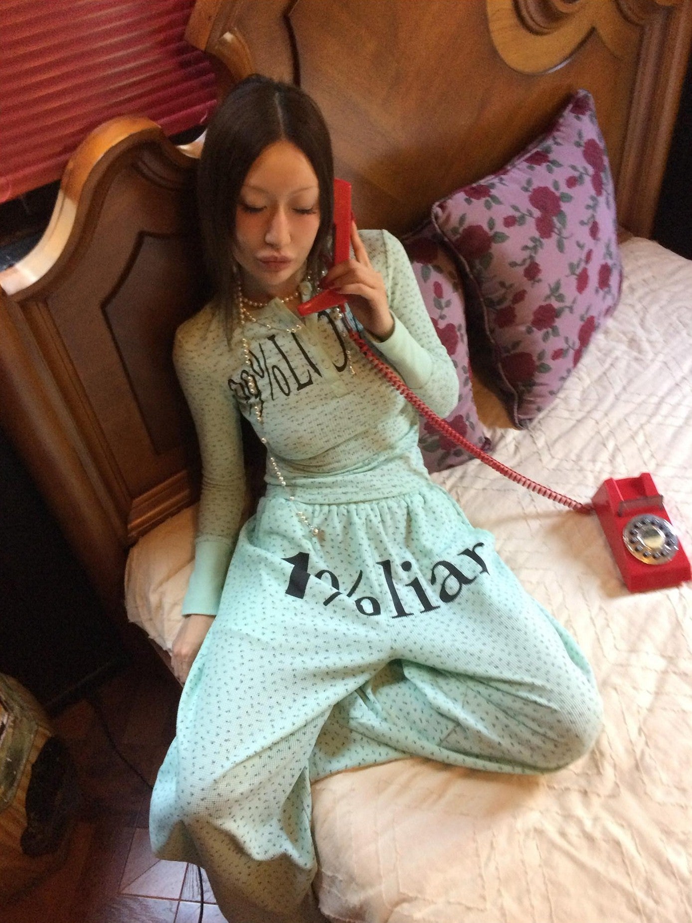 FOURFORTY Mint Green Floral Chinese Frog Button Waffle High Waist Women's Lounge Pants