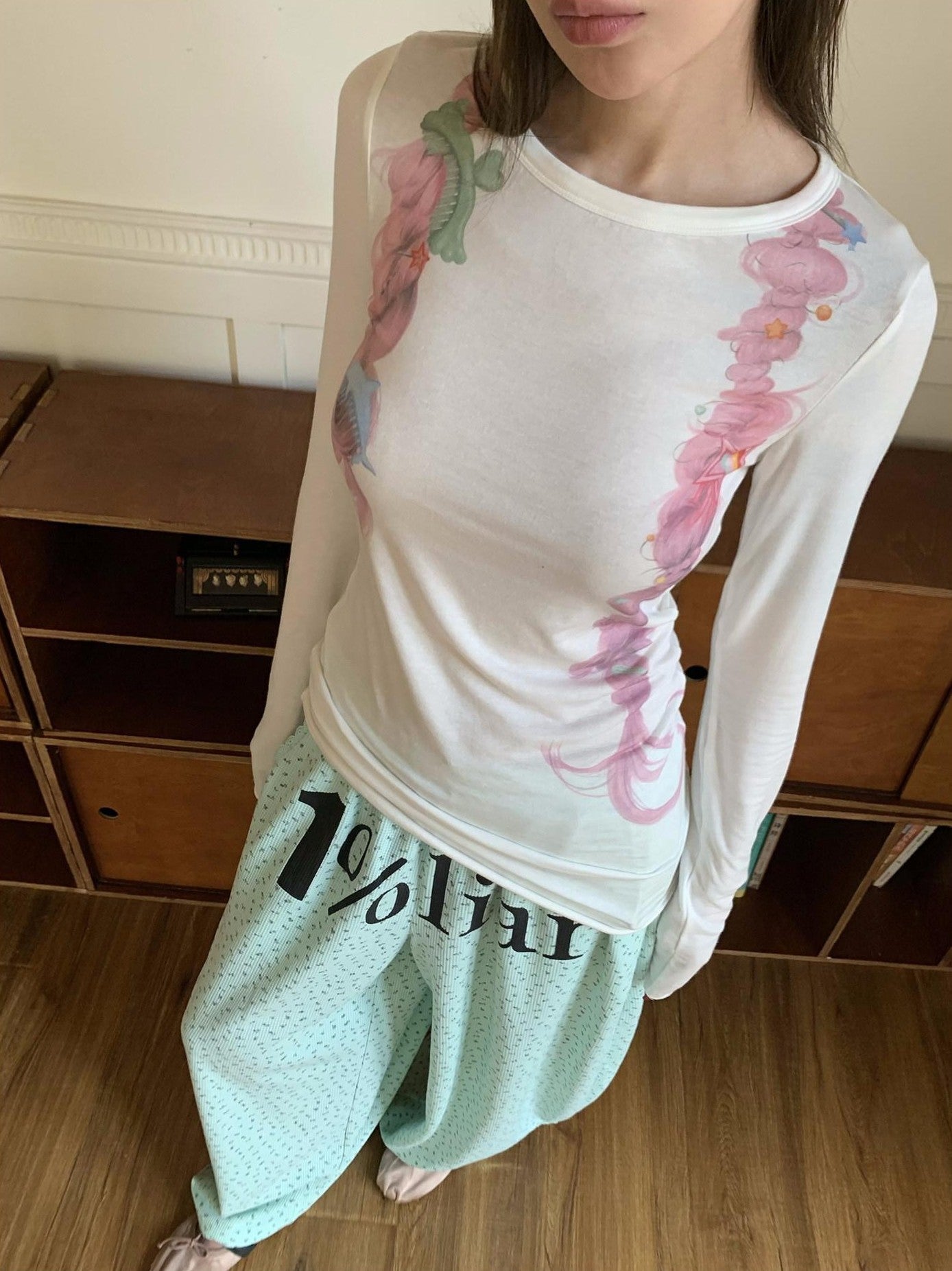 FOURFORTY Mint Green Floral Chinese Frog Button Waffle High Waist Women's Lounge Pants