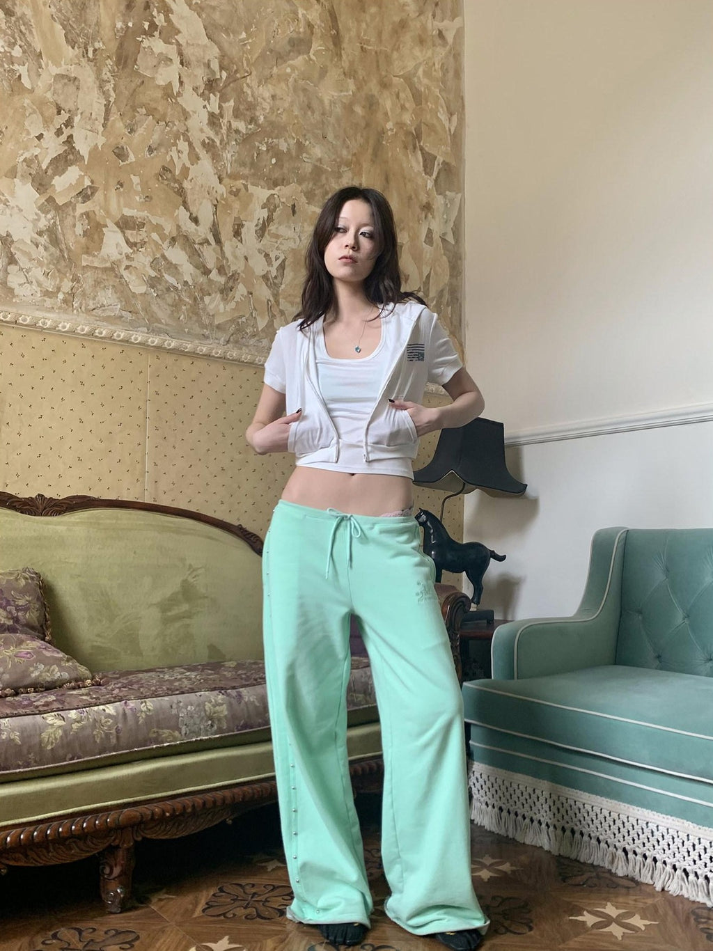 FOURFORTY Mint Green Hidden Rivet Sporty Women's Cotton Polyester Blend Sweatpants