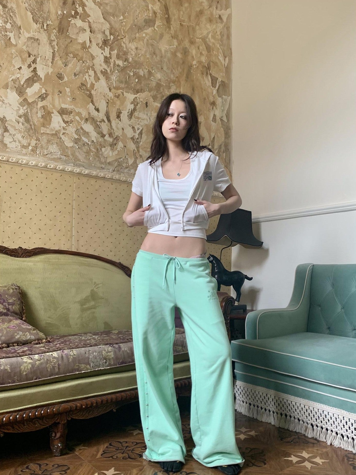 FOURFORTY Mint Green Hidden Rivet Sporty Women's Cotton Polyester Blend Sweatpants