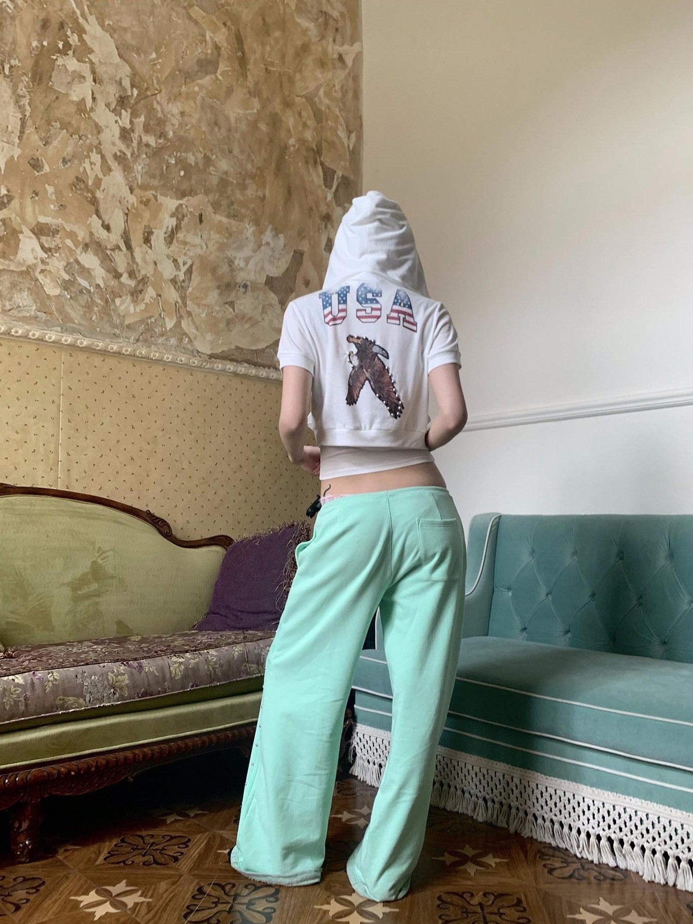 FOURFORTY Mint Green Hidden Rivet Sporty Women's Cotton Polyester Blend Sweatpants