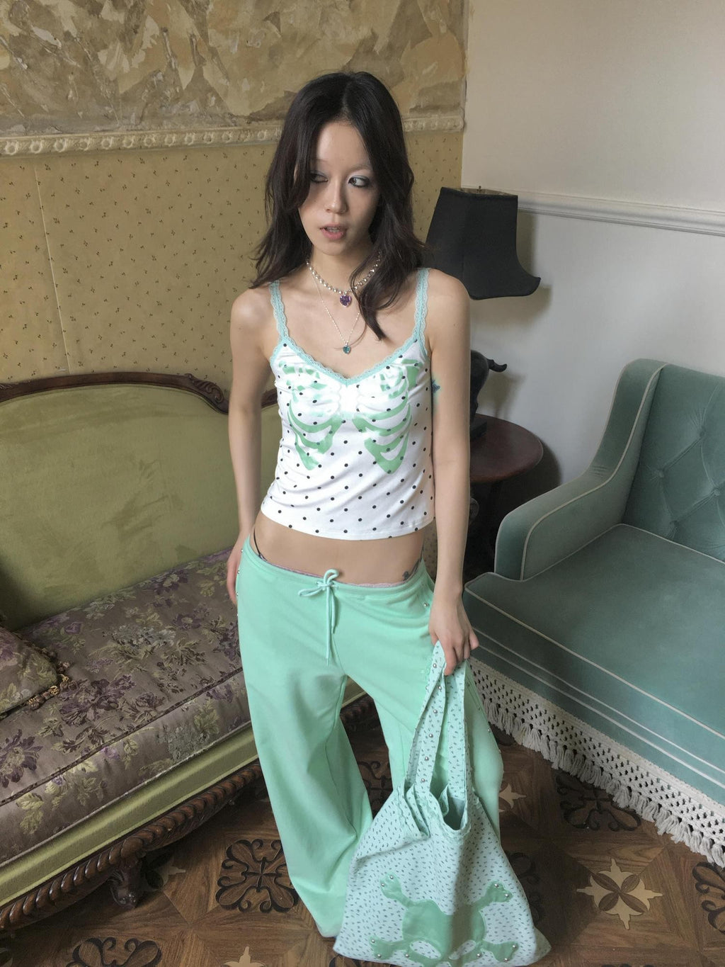 FOURFORTY Mint Green Hidden Rivet Sporty Women's Cotton Polyester Blend Sweatpants