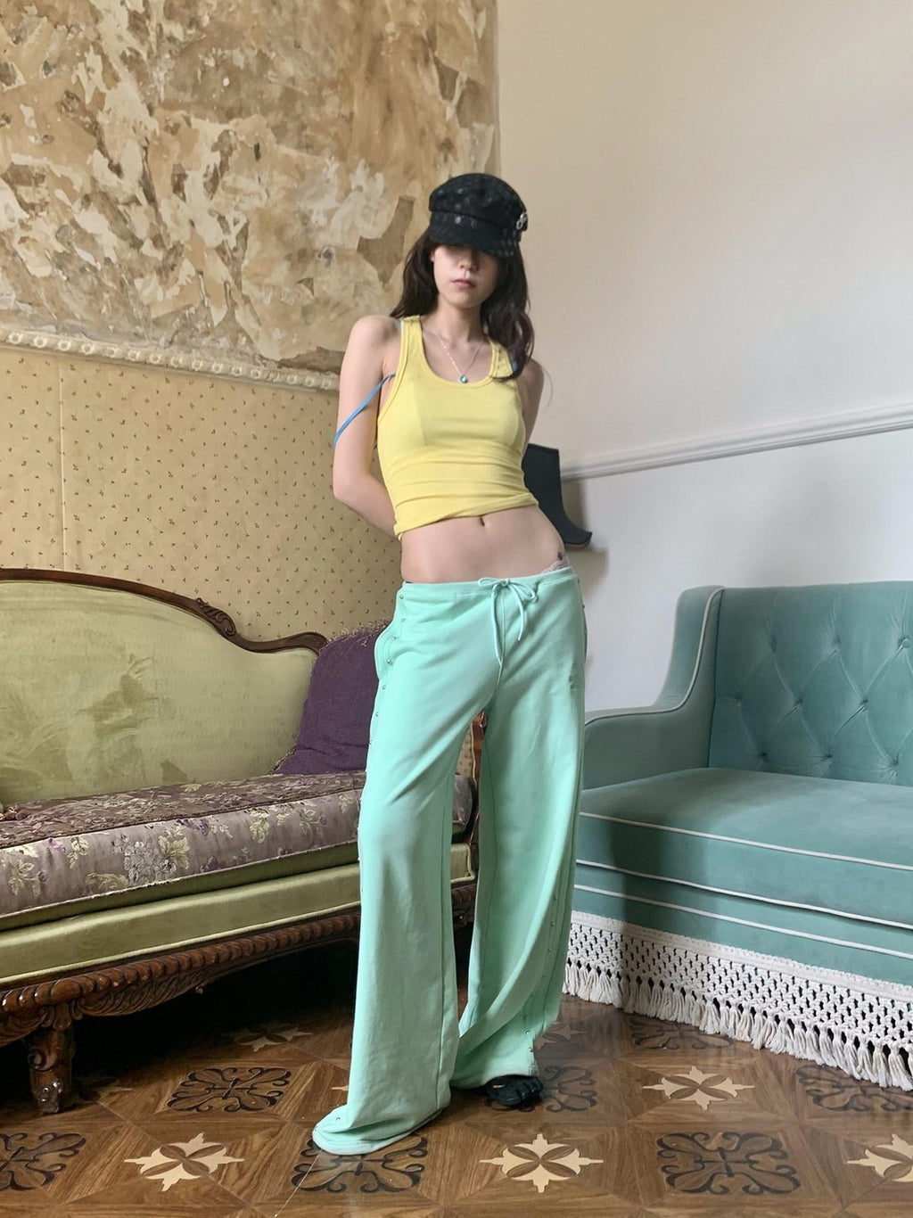 FOURFORTY Mint Green Hidden Rivet Sporty Women's Cotton Polyester Blend Sweatpants