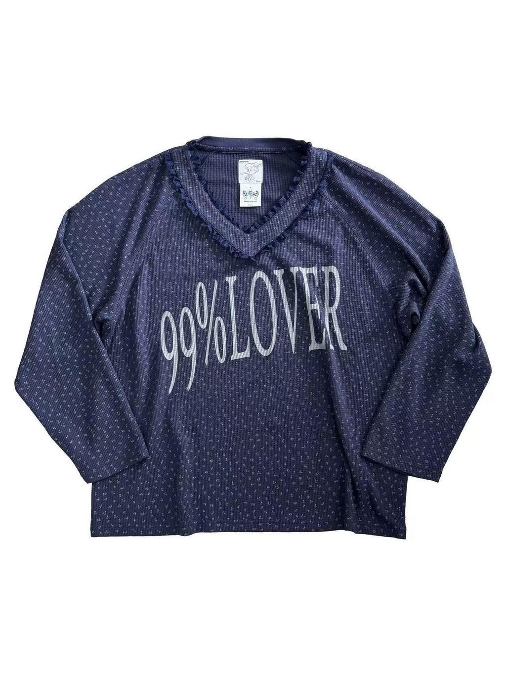 FOURFORTY Navy Floral Lace Letter Print V-neck Women's Cotton Blend Long Sleeve T-shirts