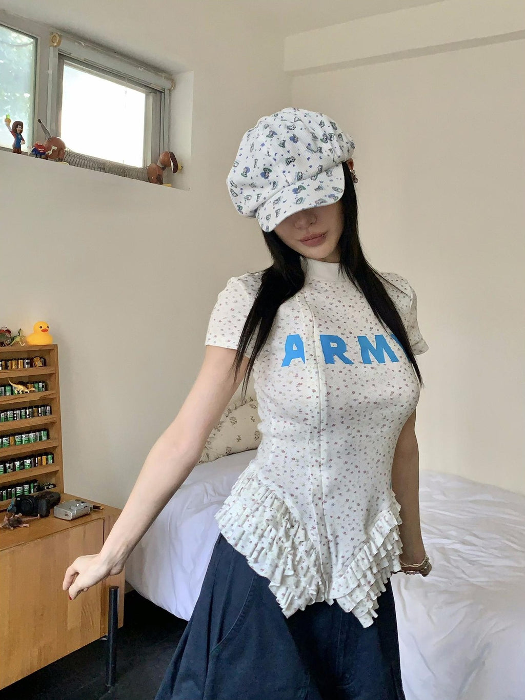 FOURFORTY New Chinese Lace Hem Print Women's Cotton Short Sleeve T-shirts
