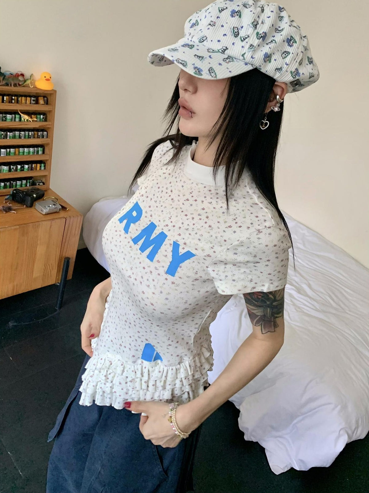 FOURFORTY New Chinese Lace Hem Print Women's Cotton Short Sleeve T-shirts