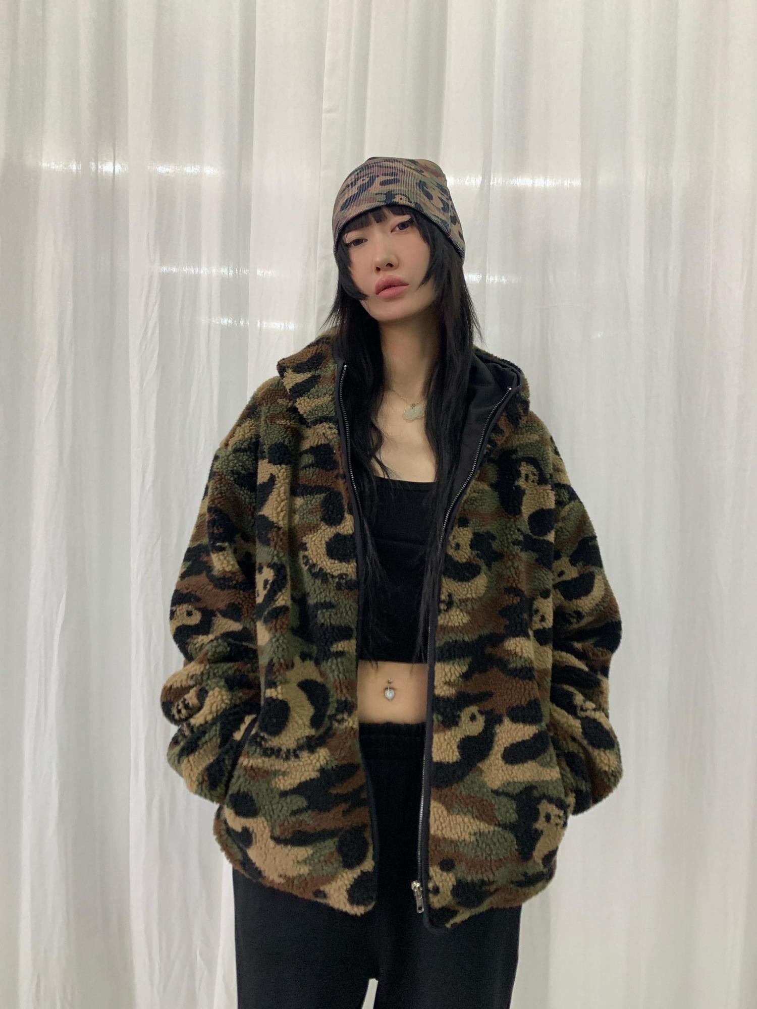 FOURFORTY Panda Camo Oversized Hooded Women's Polar Fleece Puffer Jackets