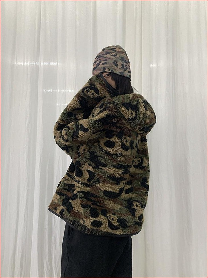 FOURFORTY Panda Camo Oversized Hooded Women's Polar Fleece Puffer Jackets
