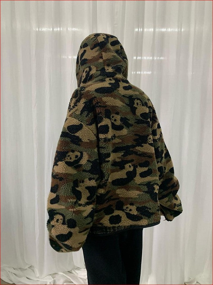 FOURFORTY Panda Camo Oversized Hooded Women's Polar Fleece Puffer Jackets