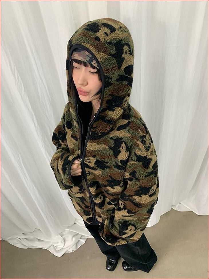 FOURFORTY Panda Camo Oversized Hooded Women's Polar Fleece Puffer Jackets
