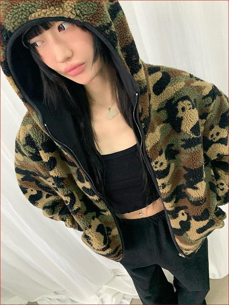 FOURFORTY Panda Camo Oversized Hooded Women's Polar Fleece Puffer Jackets