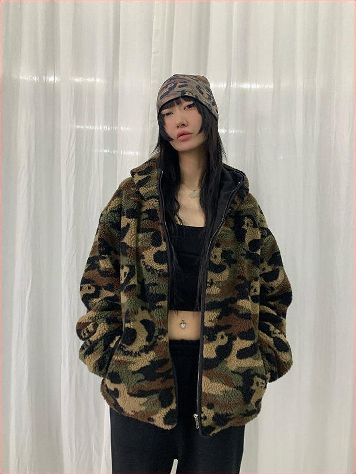FOURFORTY Panda Camo Oversized Hooded Women's Polar Fleece Puffer Jackets