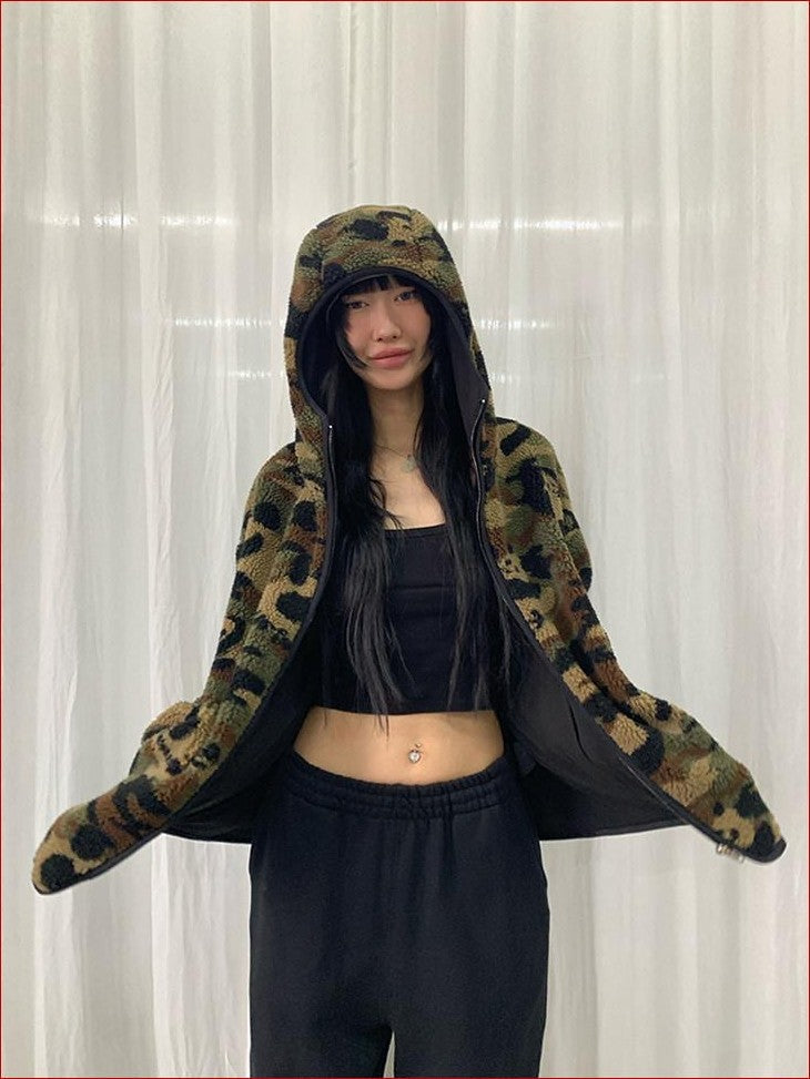 FOURFORTY Panda Camo Oversized Hooded Women's Polar Fleece Puffer Jackets