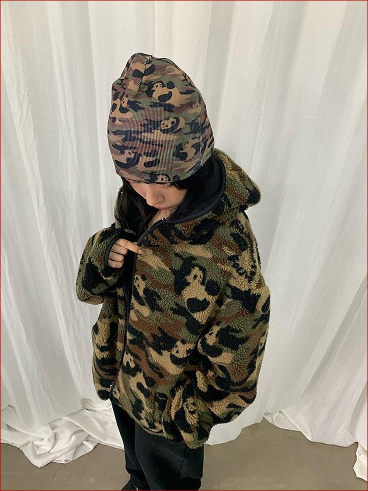 FOURFORTY Panda Camo Oversized Hooded Women's Polar Fleece Puffer Jackets