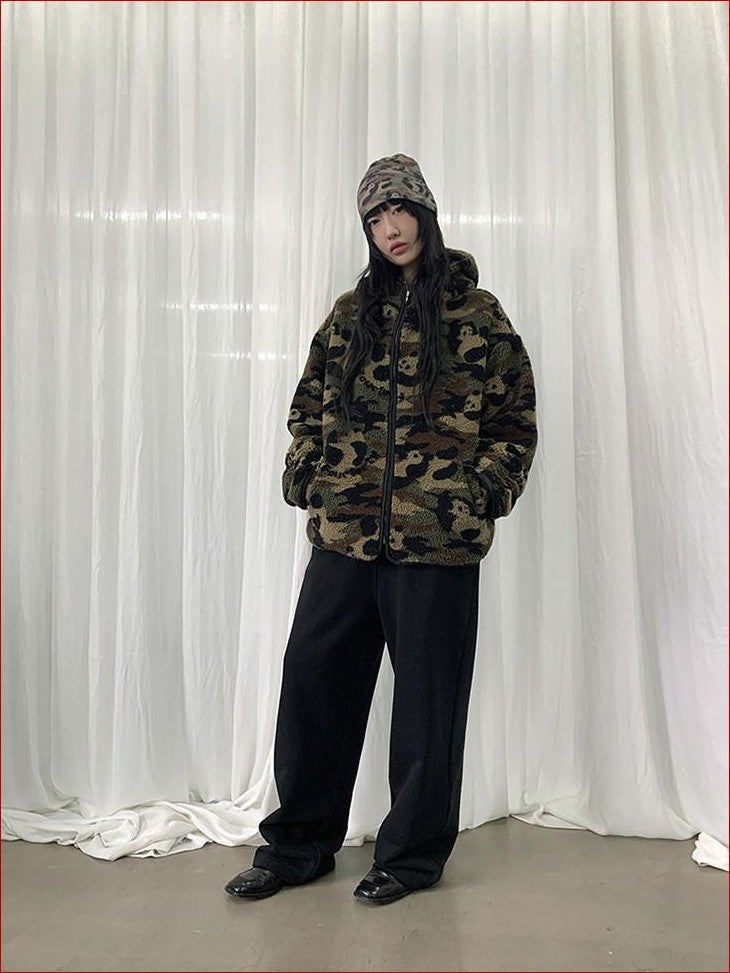 FOURFORTY Panda Camo Oversized Hooded Women's Polar Fleece Puffer Jackets