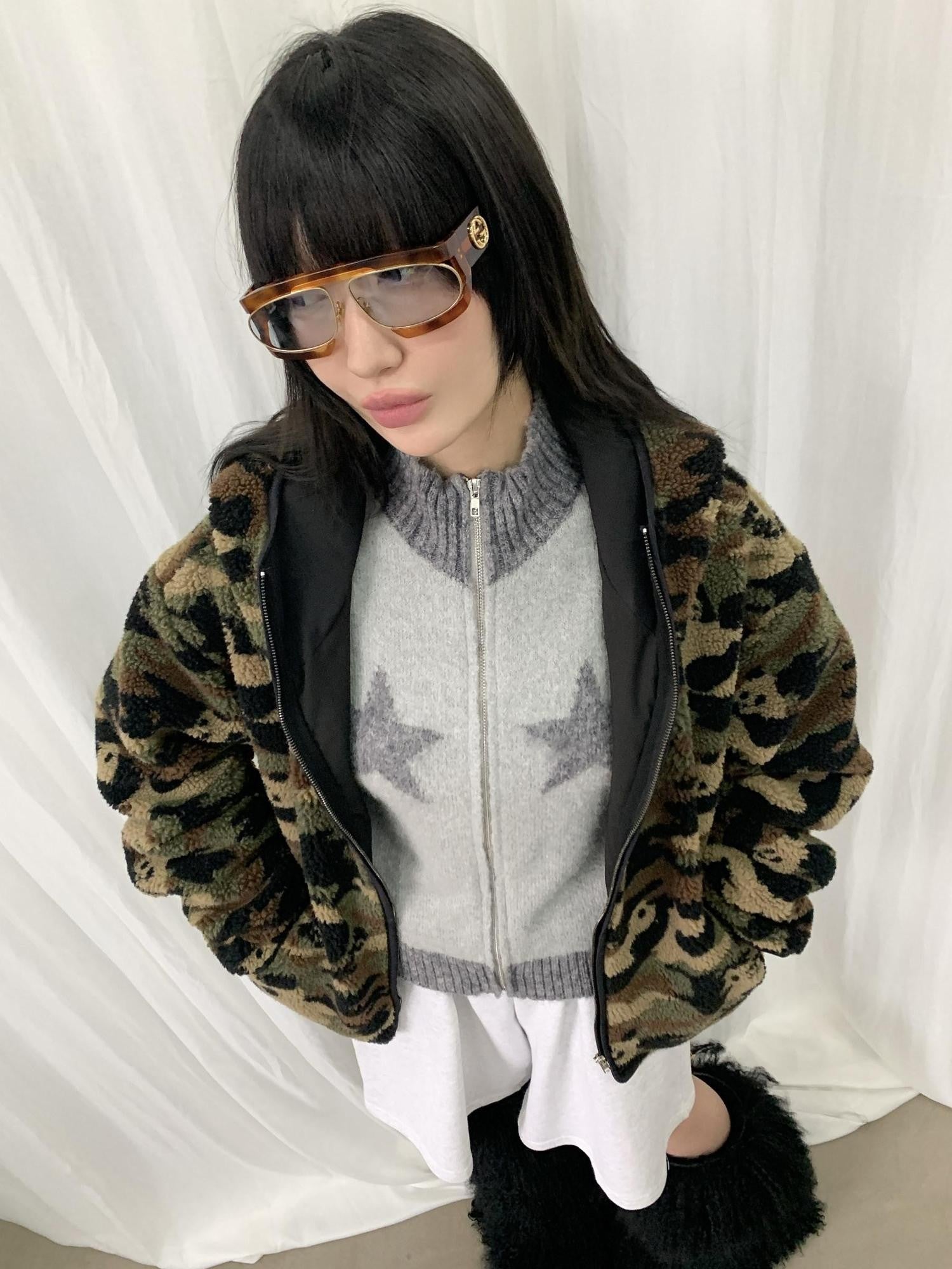 FOURFORTY Panda Camo Oversized Hooded Women's Polar Fleece Puffer Jackets