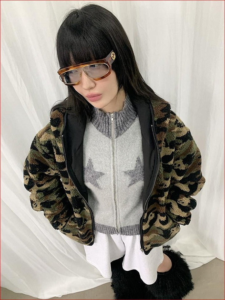 FOURFORTY Panda Camo Oversized Hooded Women's Polar Fleece Puffer Jackets