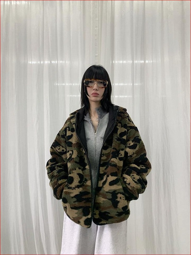 FOURFORTY Panda Camo Oversized Hooded Women's Polar Fleece Puffer Jackets