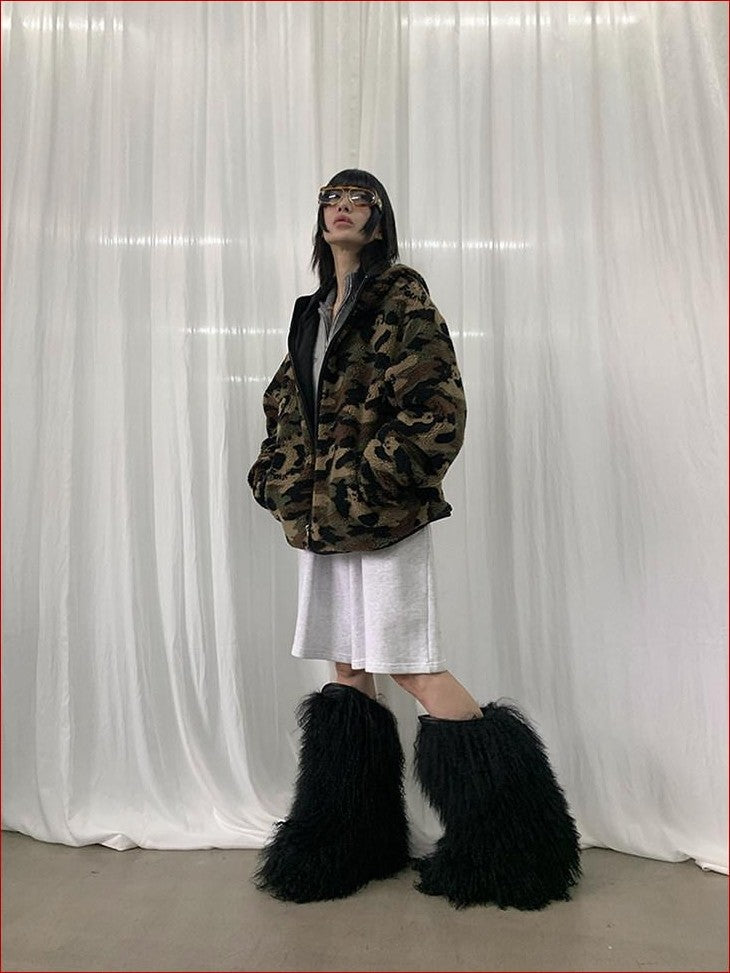 FOURFORTY Panda Camo Oversized Hooded Women's Polar Fleece Puffer Jackets