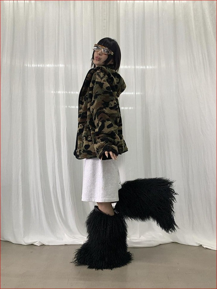 FOURFORTY Panda Camo Oversized Hooded Women's Polar Fleece Puffer Jackets