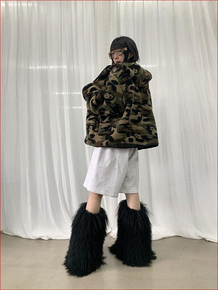FOURFORTY Panda Camo Oversized Hooded Women's Polar Fleece Puffer Jackets