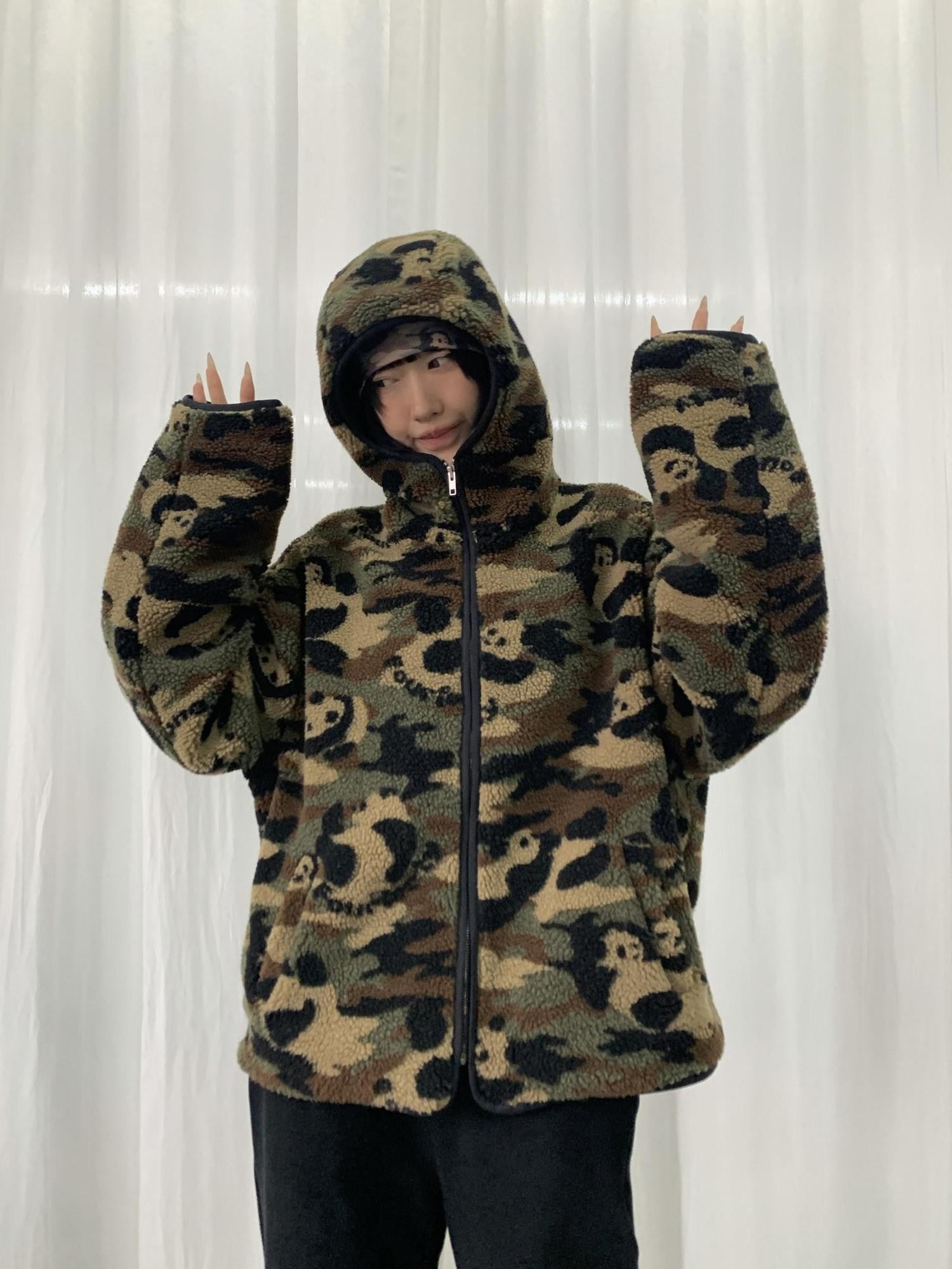 FOURFORTY Panda Camo Oversized Hooded Women's Polar Fleece Puffer Jackets