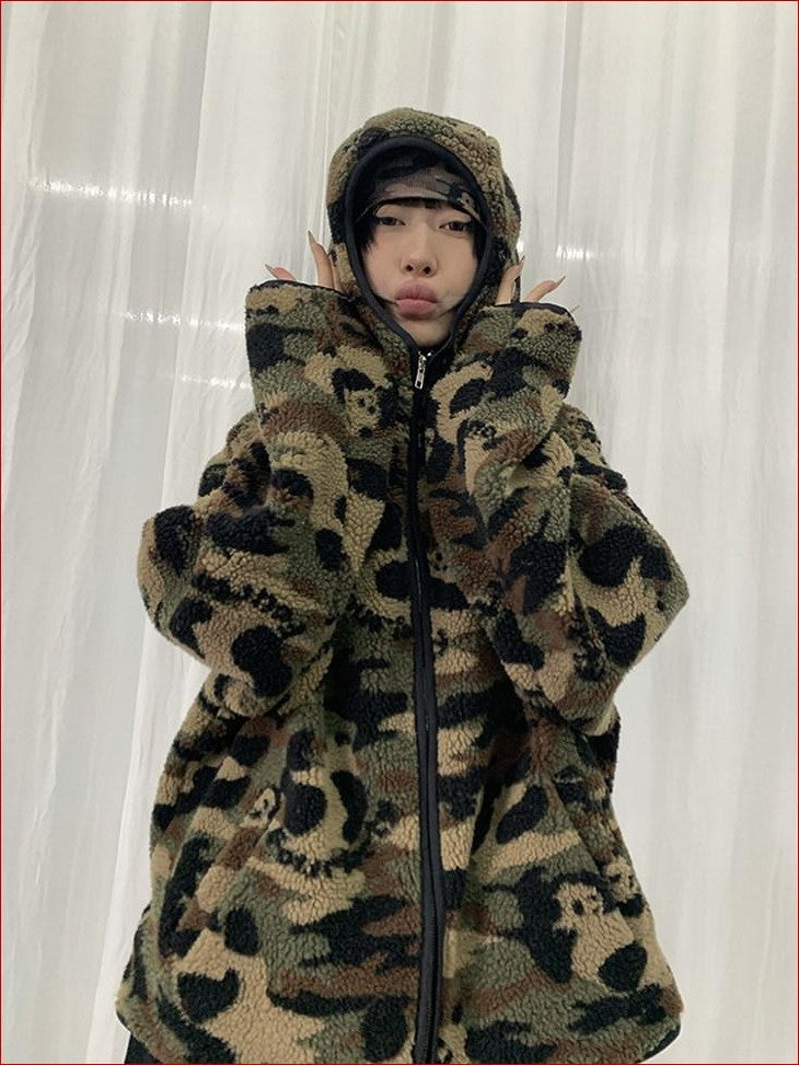 FOURFORTY Panda Camo Oversized Hooded Women's Polar Fleece Puffer Jackets