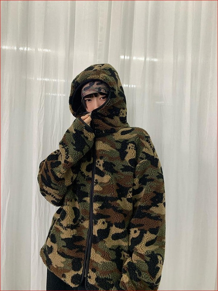 FOURFORTY Panda Camo Oversized Hooded Women's Polar Fleece Puffer Jackets