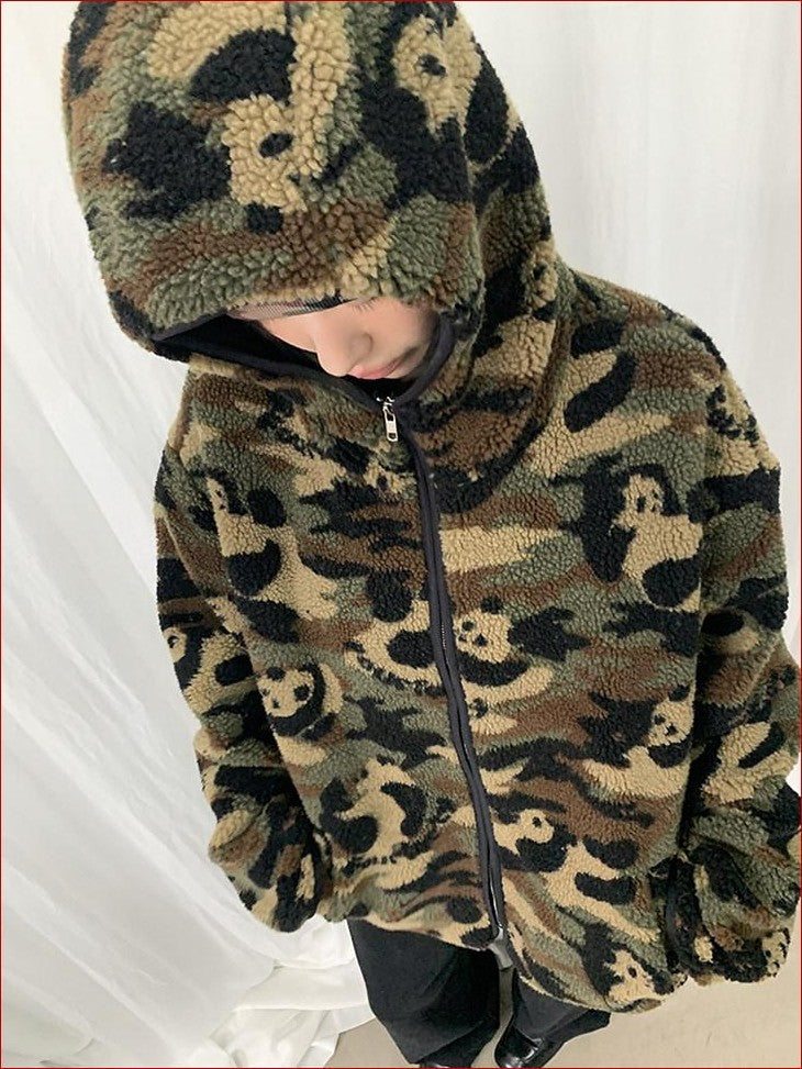 FOURFORTY Panda Camo Oversized Hooded Women's Polar Fleece Puffer Jackets