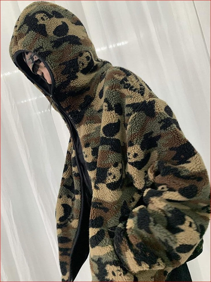 FOURFORTY Panda Camo Oversized Hooded Women's Polar Fleece Puffer Jackets