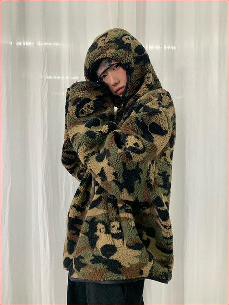 FOURFORTY Panda Camo Oversized Hooded Women's Polar Fleece Puffer Jackets