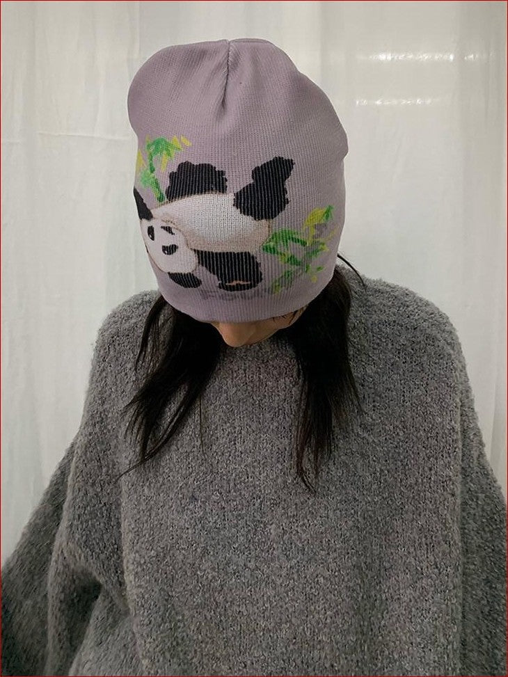FOURFORTY Panda Printed Women's Ultra Soft Chunky Knitted Yarn Cozy Beanies