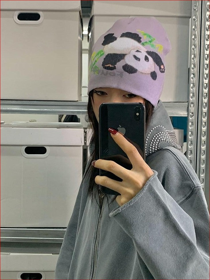 FOURFORTY Panda Printed Women's Ultra Soft Chunky Knitted Yarn Cozy Beanies