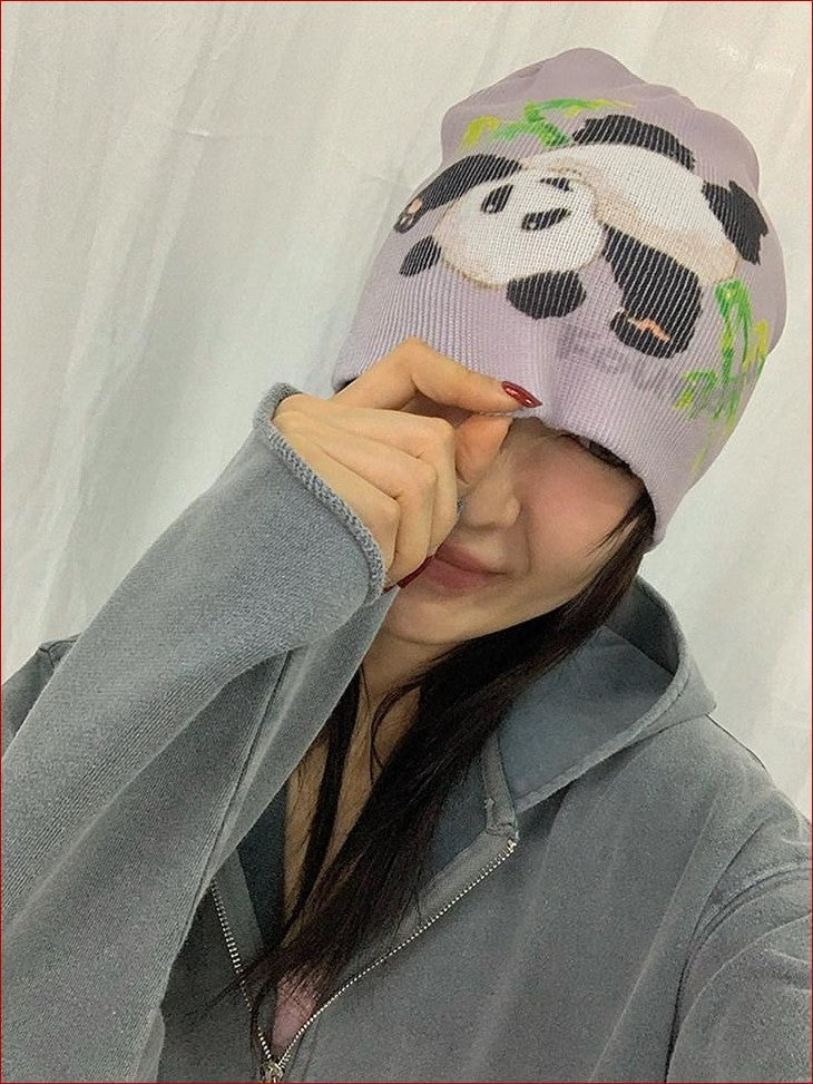 FOURFORTY Panda Printed Women's Ultra Soft Chunky Knitted Yarn Cozy Beanies