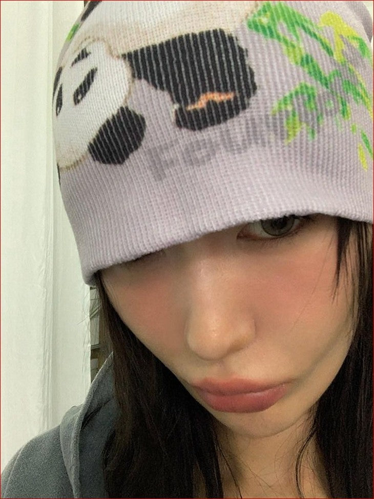 FOURFORTY Panda Printed Women's Ultra Soft Chunky Knitted Yarn Cozy Beanies